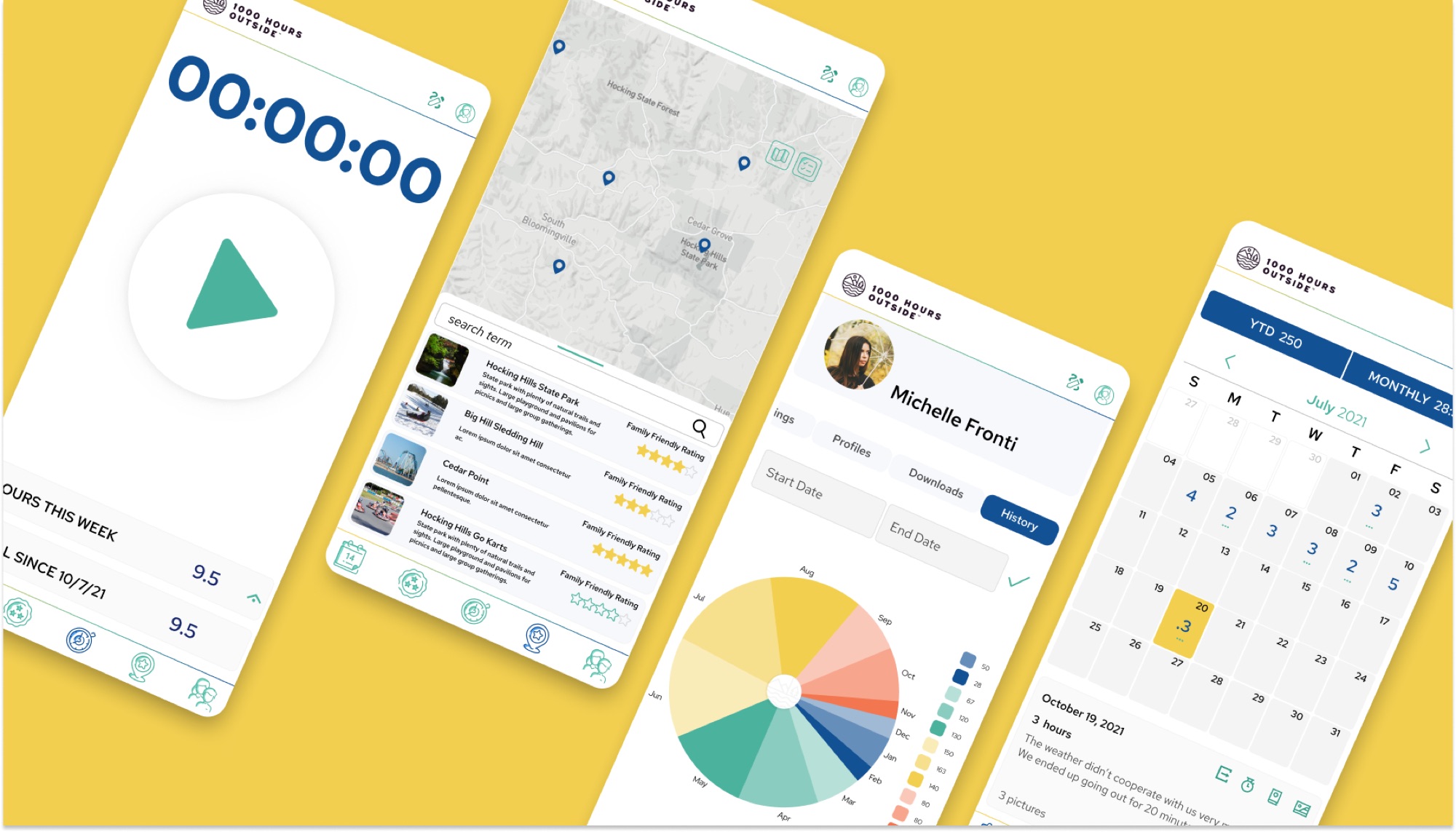 Four 1000 Hours Outside app screens: timer, adventure map, profile history and calendar