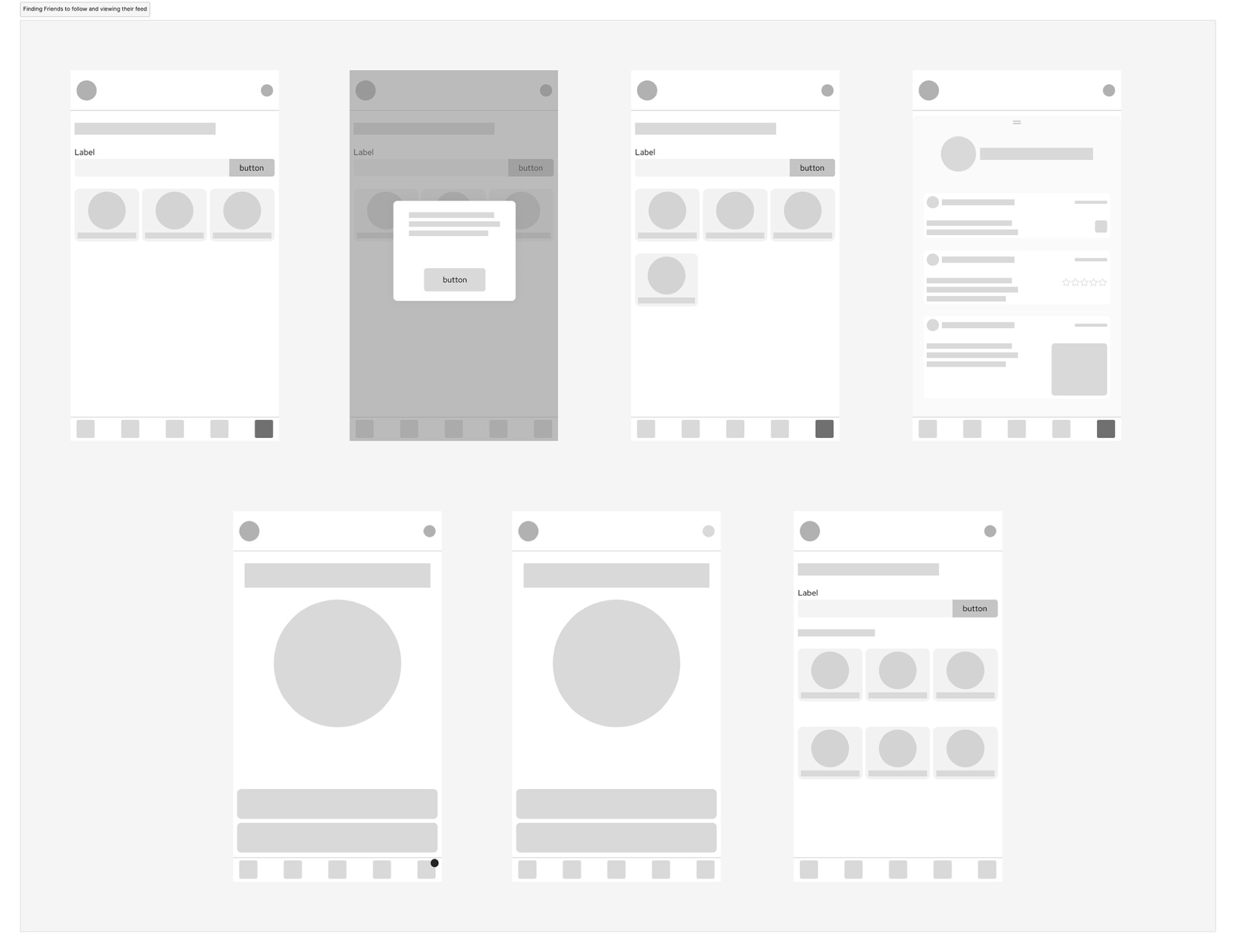 Grayscale wireframes for finding and following friends