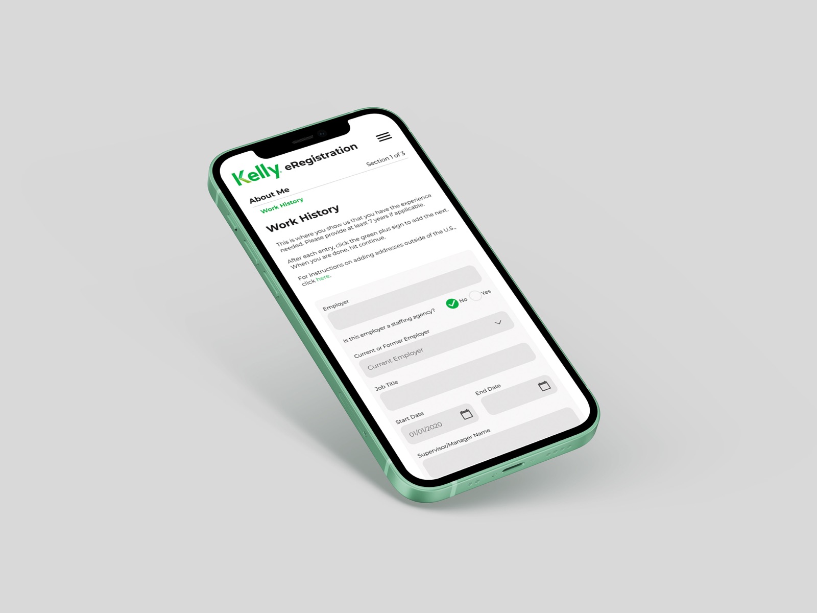 eRegistration work history screen on a phone