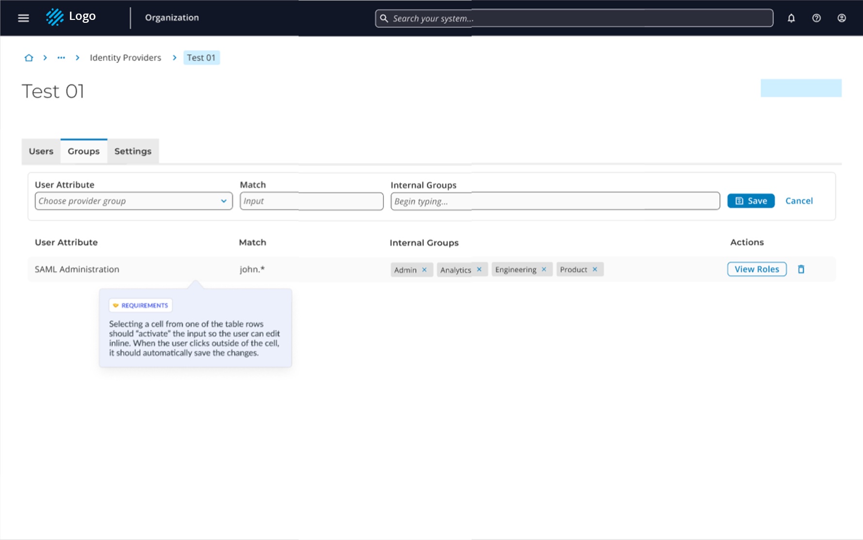 Identity provider group mapping with inline-editable rows