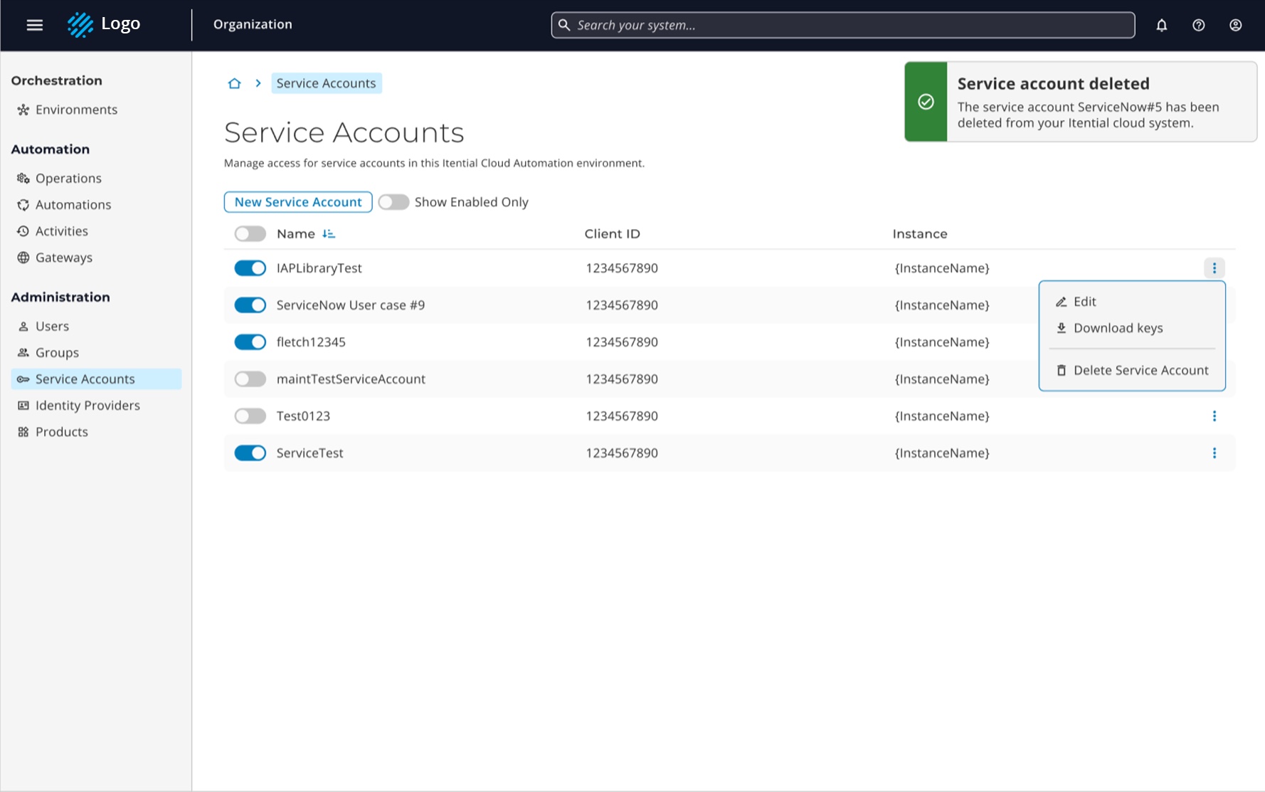 Itential service accounts table with a row menu and a deletion confirmation toast