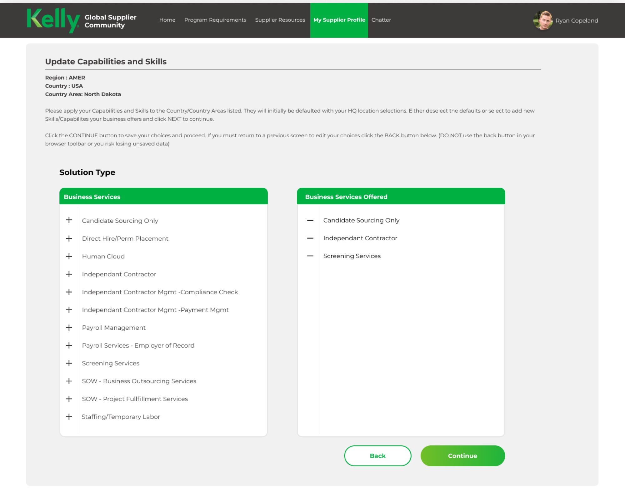 Side-by-side cards for selecting business services
