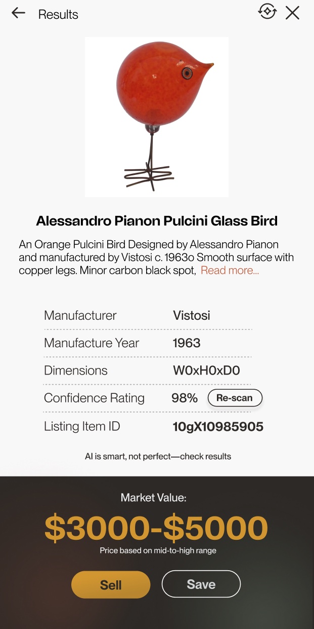 Vision AI results identifying a Pianon Pulcini glass bird with its market value