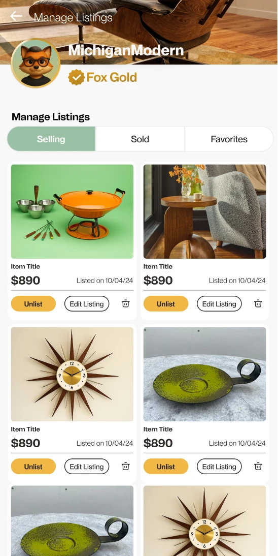 Manage listings screen with items for sale