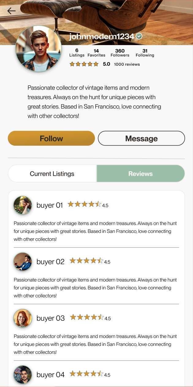 Seller profile with listings and reviews